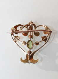Jugendstil gouden hanger / broche met zaadparels en toermalijn