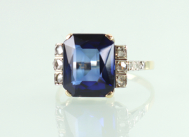 Antieke gouden Art Deco ring met saffier en diamant