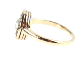 Antieke gouden ring met hartjes, parel, roosdiamanten en emaille