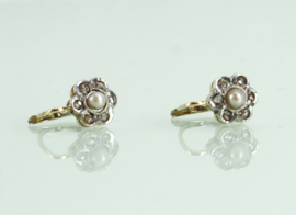 Antieke gouden oorbellen bloem parel diamant, Art Deco