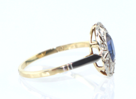 Antieke Art Deco gouden ring met saffier en roosdiamant