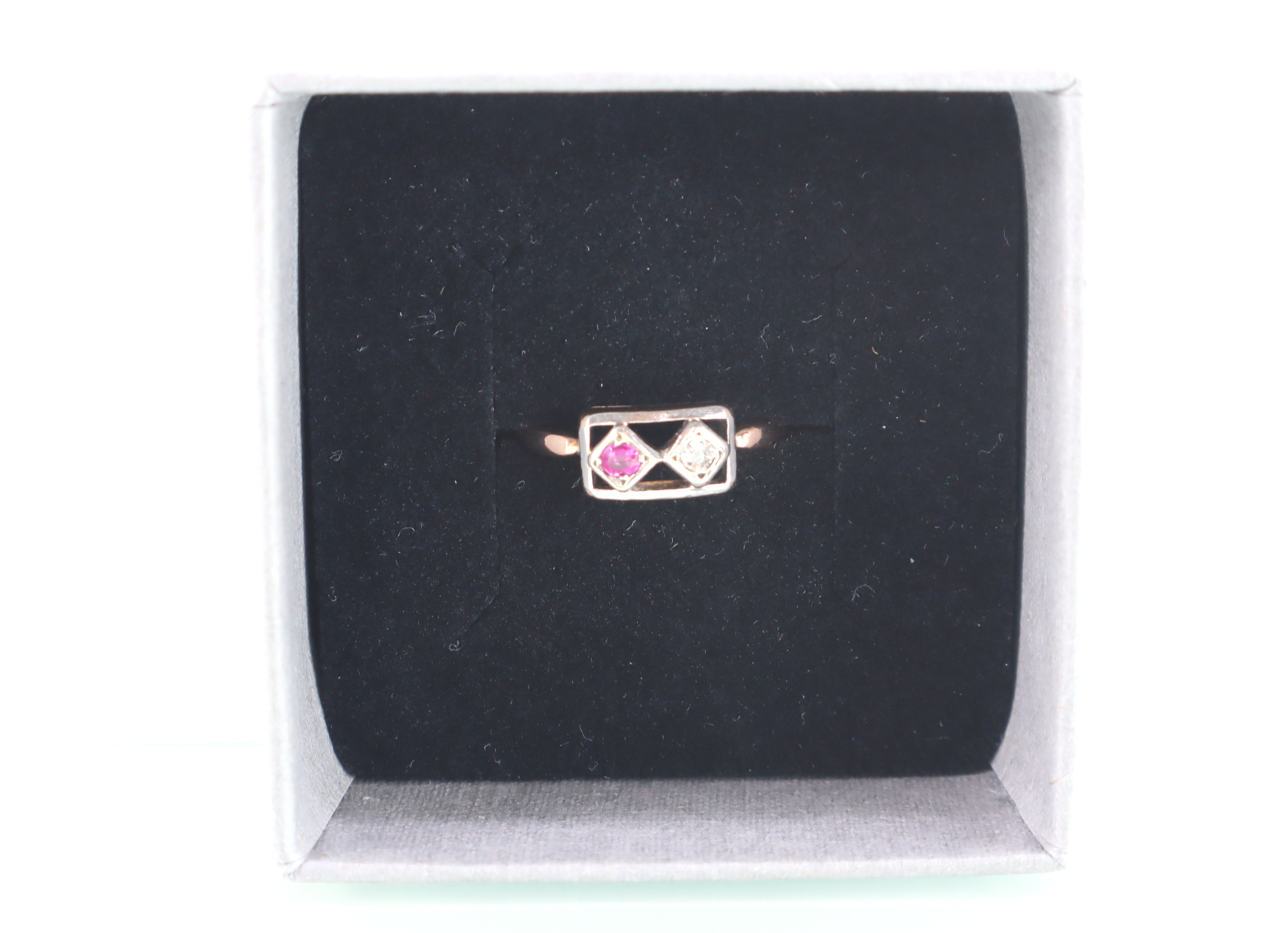 Antieke 18k roségouden ring diamant robijn Art Deco