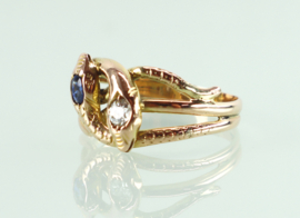 Antieke gouden ring slangen diamant saffier