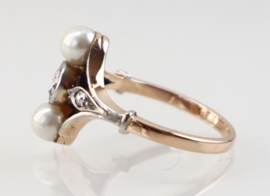 Antieke gouden ring met parels en roosdiamant, Jugendstil