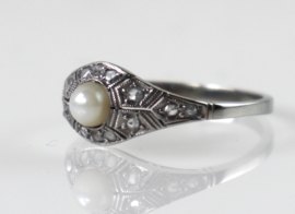 Antieke gouden Art Deco ring met roosdiamanten en parel