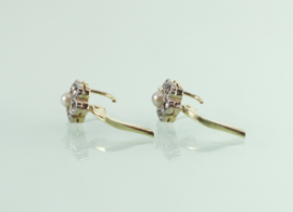 Antieke gouden oorbellen bloem parel diamant, Art Deco