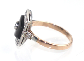 Art Deco ring rosé goud platina onyx diamant, ca. 1920