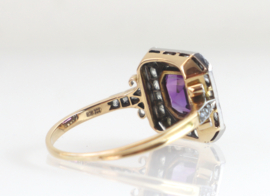Art Deco goud en platina ring amethist en diamant