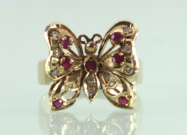 Gouden ring vlinder met robijn en diamant