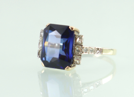 Antieke gouden Art Deco ring met saffier en diamant