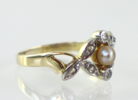 Antieke Art Nouveau ring goud platina diamanten parel