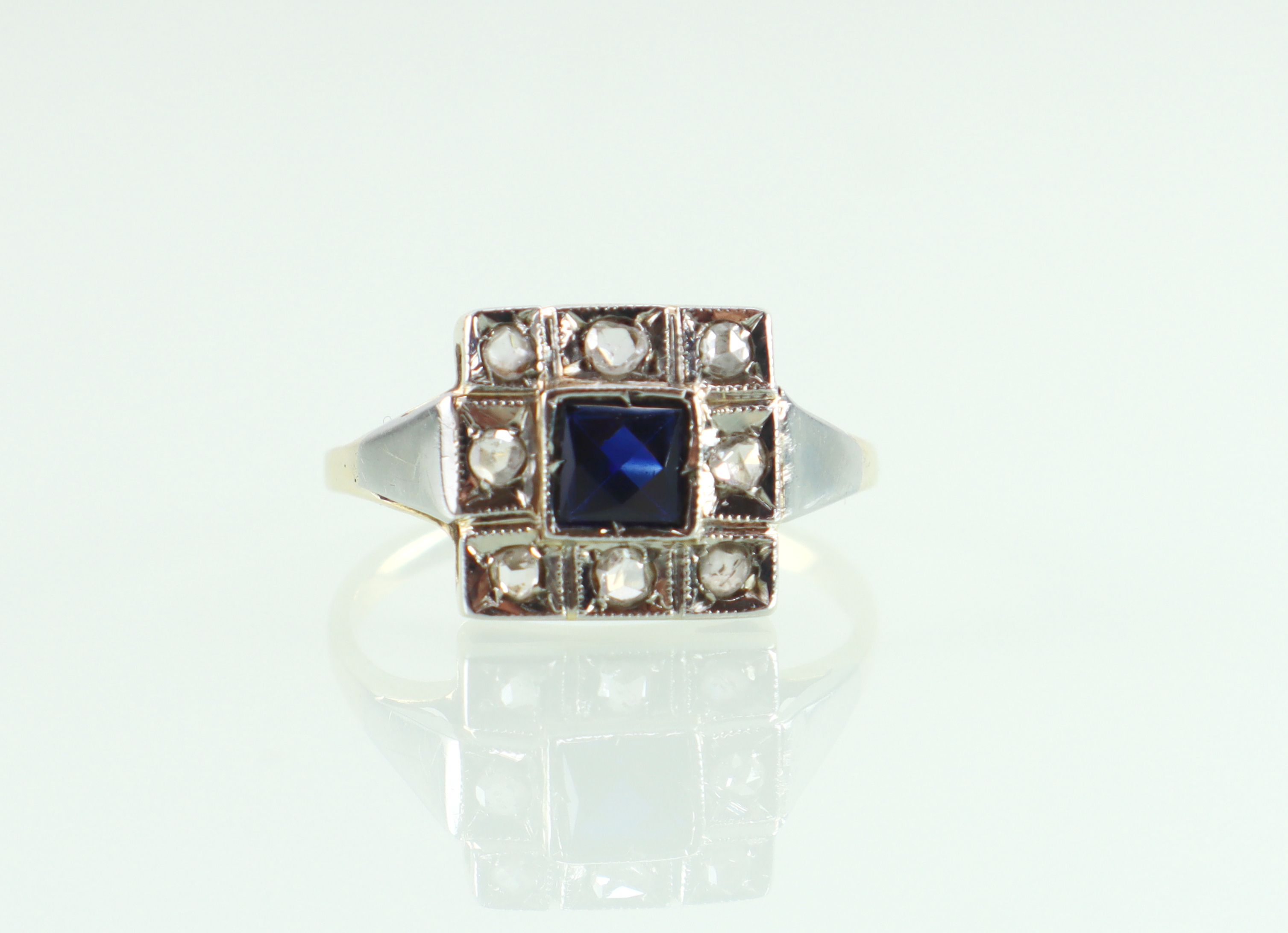 Art Deco gouden ring saffier roosdiamant