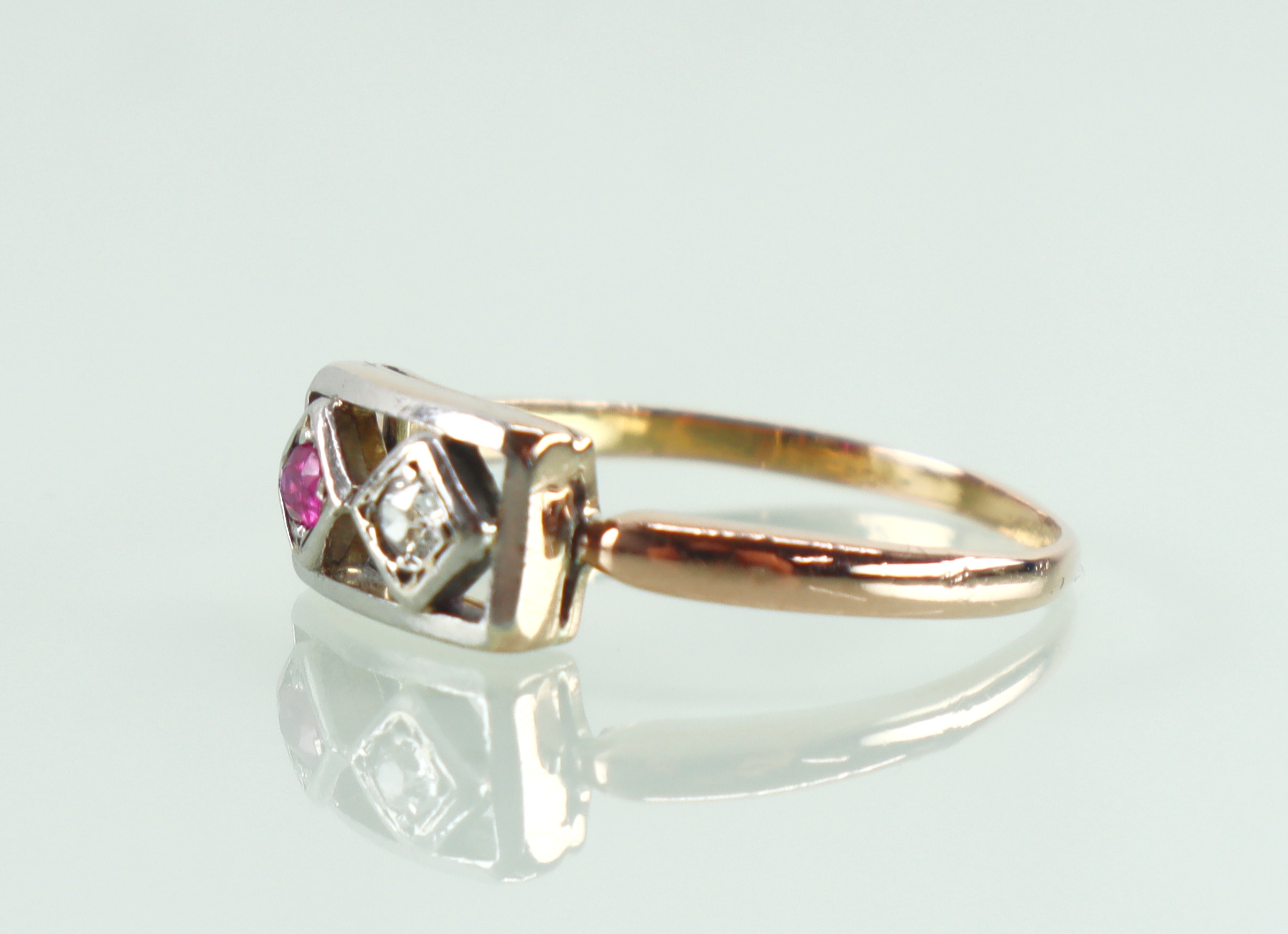 Antieke 18k roségouden ring diamant robijn Art Deco