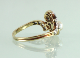 Antieke Art Deco Toi et Moi gouden ring diamanten en parel