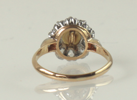 Antieke 18 kt gouden ring met roosdiamant en natuurlijke parel, ca 1900
