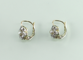 Antieke gouden oorbellen bloem parel diamant, Art Deco