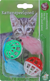 kattenspeelgoed blister a 2 plastic bal en 2 bontmuis 5 cm.