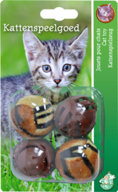 kattenspeelgoed blister a 4 pluche en plastic bal, bruin.
