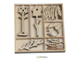 CraftEmotions Houten ornament Botanical Summer - vogel&huisje 55 pcs - box 10,5 x 10,5 cm 811500/0171