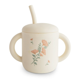 MUSHIE | Siliconen kinderbeker met rietje - pink flowers