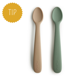 MUSHIE | Siliconen Lepels Groen & Naturel - Silicone Feeding Spoons Dried Thyme / Natural