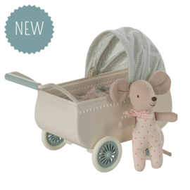MAILEG | Poppenhuis wandelwagen mint met baby muis