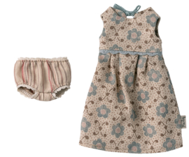 MAILEG | Konijn kleding - beige jurk met blauwe bloem - size 2
