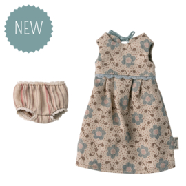 MAILEG | Konijn kleding - beige jurk met blauwe bloem - size 2