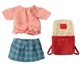 MAILEG | Muis kleding - rok, blouse & rode rugzak - grote zus