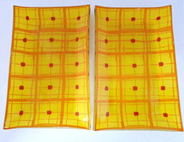 Cakeschaal, serveerschalen,  geel en oranje glas