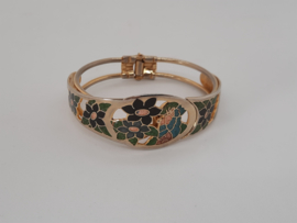 Vintage cloisonne armband met bloemen in zwart en groen