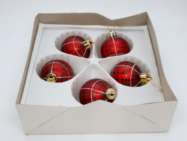 Vijf retro geruite kerstballen in doos V&D