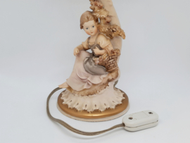 Oude, antieke lampvoet van porselein met vrouwenfiguur