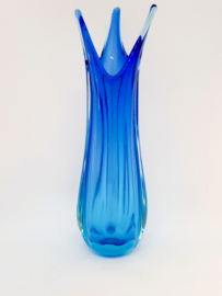 Vintage blauwe, glazen vaas,  model tulp