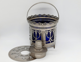 Oud antiek theelicht met oliebrander en blauw glas