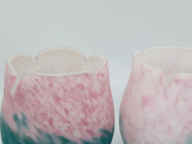 Vintage melkglas lampenkapjes, roze met blauw