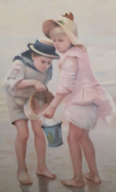 Pastel prent jongen en meisje op het strand