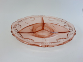 Roze persglas drievaks presenteerschaaltje, vintage