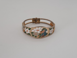 Vintage cloisonne armband met bloemen, groen met wit