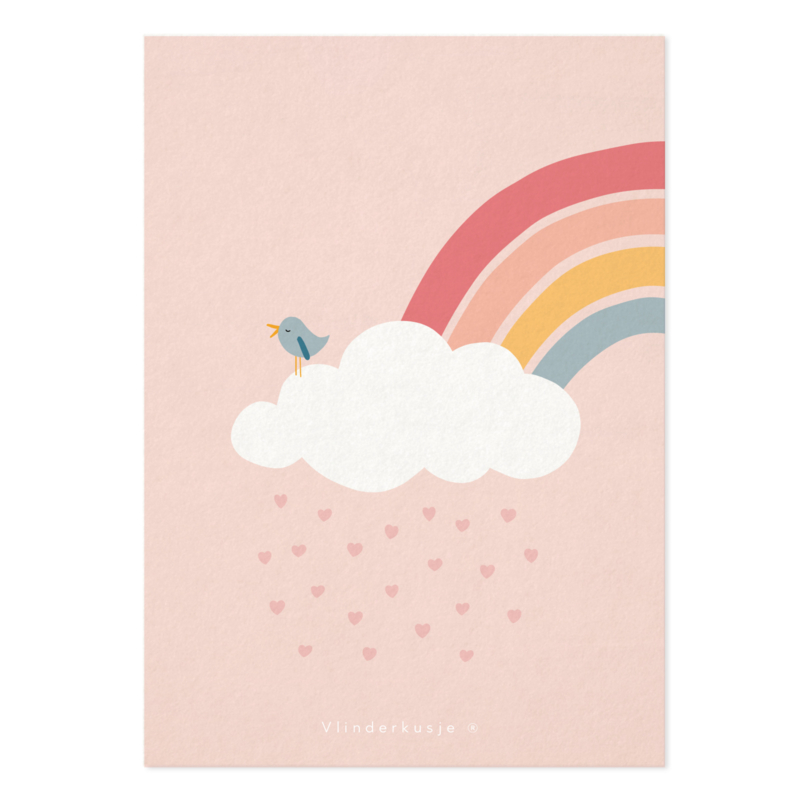 Luxe ansichtkaart 'Regenboog met vogeltje'