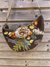 grote schoudertas linnen bruin met bloemen