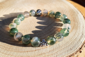 Armband met mosagaat en zilverkleurige 'lucky Buddha' kraal