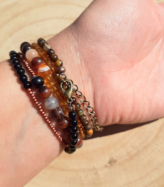 Stoere wikkelarmband met Onyx, Koffie Agaat en Tijgeroog