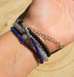 Stoere wikkelarmband met Grijze Agaat, Onyx en Lapis Lazuli