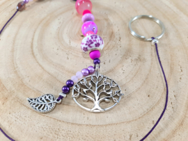 Tree of life - levensboom - gelukshanger met roze en paarse kralen