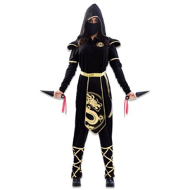 Kostuum ninja dame, maat M/L. Kostuum bestaat uit: jumpsuit met capuchon, riem en masker