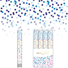 Confetti shooter gender reveal blauw (40cm) 919095 Confetti shooter met ronde licht en donker blauw confetti. Onder andere geschikt voor gender reveal feestjes, aangezien de kleur alleen zichtbaar is door een blauw sticker aan de onderkant van de shooter.