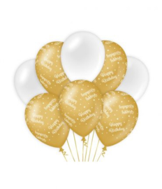 Balloons Decoratie Gold White Happy Birthday  8 stuks