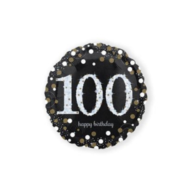 Folieballon birthday sparkling 100. Deze folieballon heeft een grootte van 45cm en kan zowel met lucht als met helium worden gevuld. Wanneer de ballon gevuld wordt met helium, blijft hij zweven. wordt geleverd  met helium af te halen in de winkel