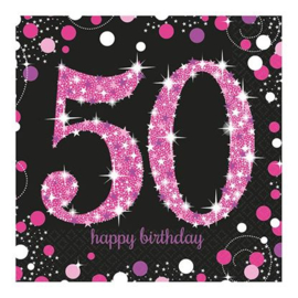 Papieren servetten sparkling pink '50'. De servetten hebben een uitgevouwen maat van 33x33cm en zitten per 16 stuks verpakt.